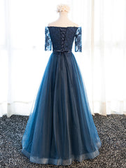 Black Gown, Half Sleeves Navy Blue Long Lace Prom Dresses, Navy Blue Lace Formal Bridesmaid Dresses