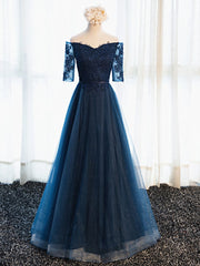 Chiffon Dress, Half Sleeves Navy Blue Long Lace Prom Dresses, Navy Blue Lace Formal Bridesmaid Dresses