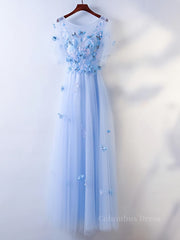 Country Wedding Dress, Half Sleeves Round Neck Blue Floral Long Prom Dresses, Blue Long Formal Evening Dresses with Flower
