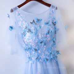 Party Dress Outfits, Half Sleeves Round Neck Blue Floral Long Prom Dresses, Blue Long Formal Evening Dresses with Flower