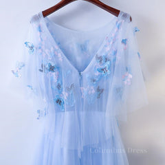 Party Dresses Cheap, Half Sleeves Round Neck Blue Floral Long Prom Dresses, Blue Long Formal Evening Dresses with Flower