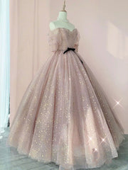 Formal Dresses Website, Half Sleeves Shiny Pink Prom Dresses, Shiny Pink Long Formal Evening Dresses
