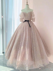 Formal Dresses Wedding, Half Sleeves Shiny Pink Prom Dresses, Shiny Pink Long Formal Evening Dresses