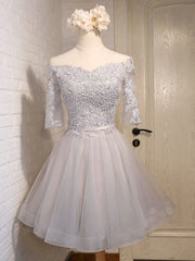 Formal Dresses For Girls, Half Sleeves Short Gray/Blue Lace Prom Dresses, Short Gray/Blue Lace Homecoming Bridesmaid Dresses