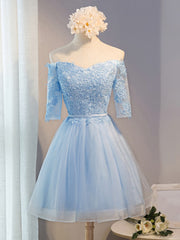 Formal Dress For Girls, Half Sleeves Short Gray/Blue Lace Prom Dresses, Short Gray/Blue Lace Homecoming Bridesmaid Dresses