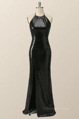 Party Dresses For Teenage Girl, Halter Black Sequin Mermaid Long Formal Dress