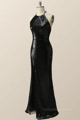 Party Dress For Teenage Girl, Halter Black Sequin Mermaid Long Formal Dress