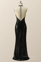 Party Dresses Summer Dresses, Halter Black Sequin Mermaid Long Formal Dress