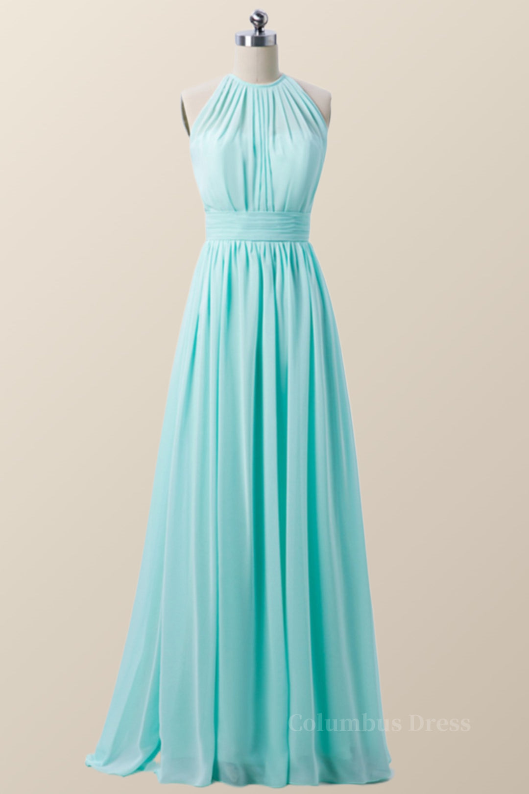 Homecoming Dress With Sleeves, Halter Blue Chiffon Long Bridesmaid Dress