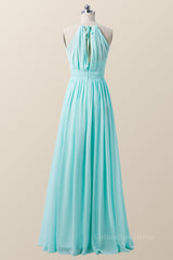 Homecoming Dress Floral, Halter Blue Chiffon Long Bridesmaid Dress