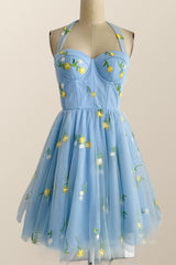 Party Dress Shop, Halter Blue Floral Embroidered Short Princess Dress