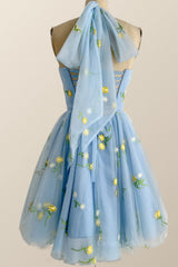 Party Dress Shops, Halter Blue Floral Embroidered Short Princess Dress