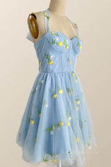 Party Dresses Shop, Halter Blue Floral Embroidered Short Princess Dress