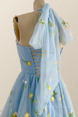 Party Dresses Shops, Halter Blue Floral Embroidered Short Princess Dress