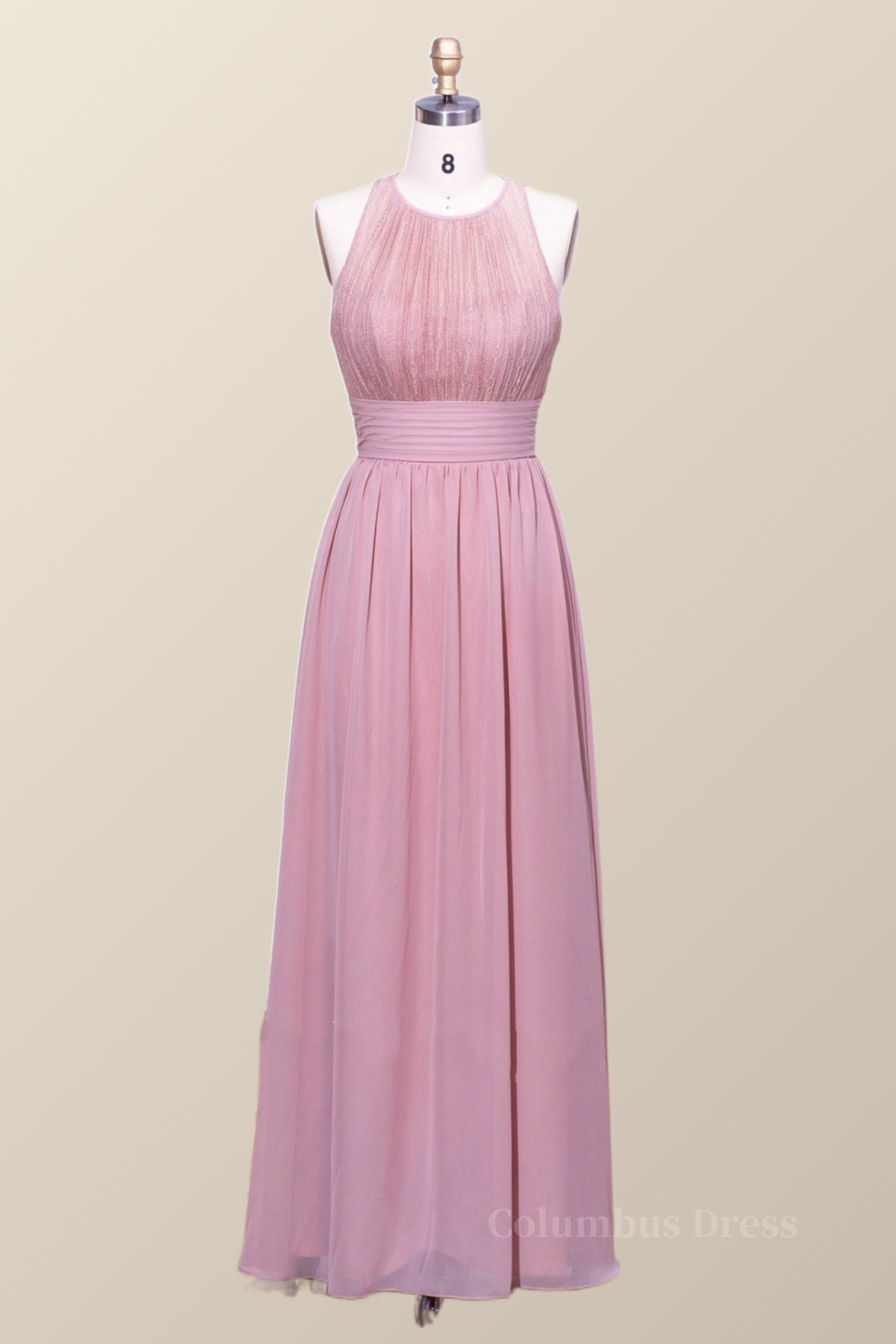 Formal Dress Lace, Halter Blush Pink Chiffon A-line Long Bridesmaid Dress
