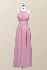 Formal Dress Lace, Halter Blush Pink Chiffon A-line Long Bridesmaid Dress
