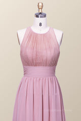 Formal Dress Ballgown, Halter Blush Pink Chiffon A-line Long Bridesmaid Dress