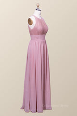Formal Dress Party Wear, Halter Blush Pink Chiffon A-line Long Bridesmaid Dress