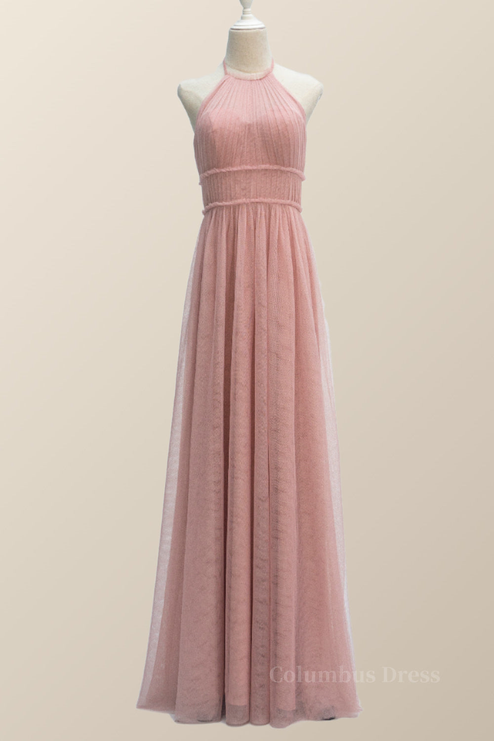 Party Dress Beige, Halter Blush Pink Tulle Long Bridesmaid Dress
