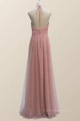 Spring Dress, Halter Blush Pink Tulle Long Bridesmaid Dress