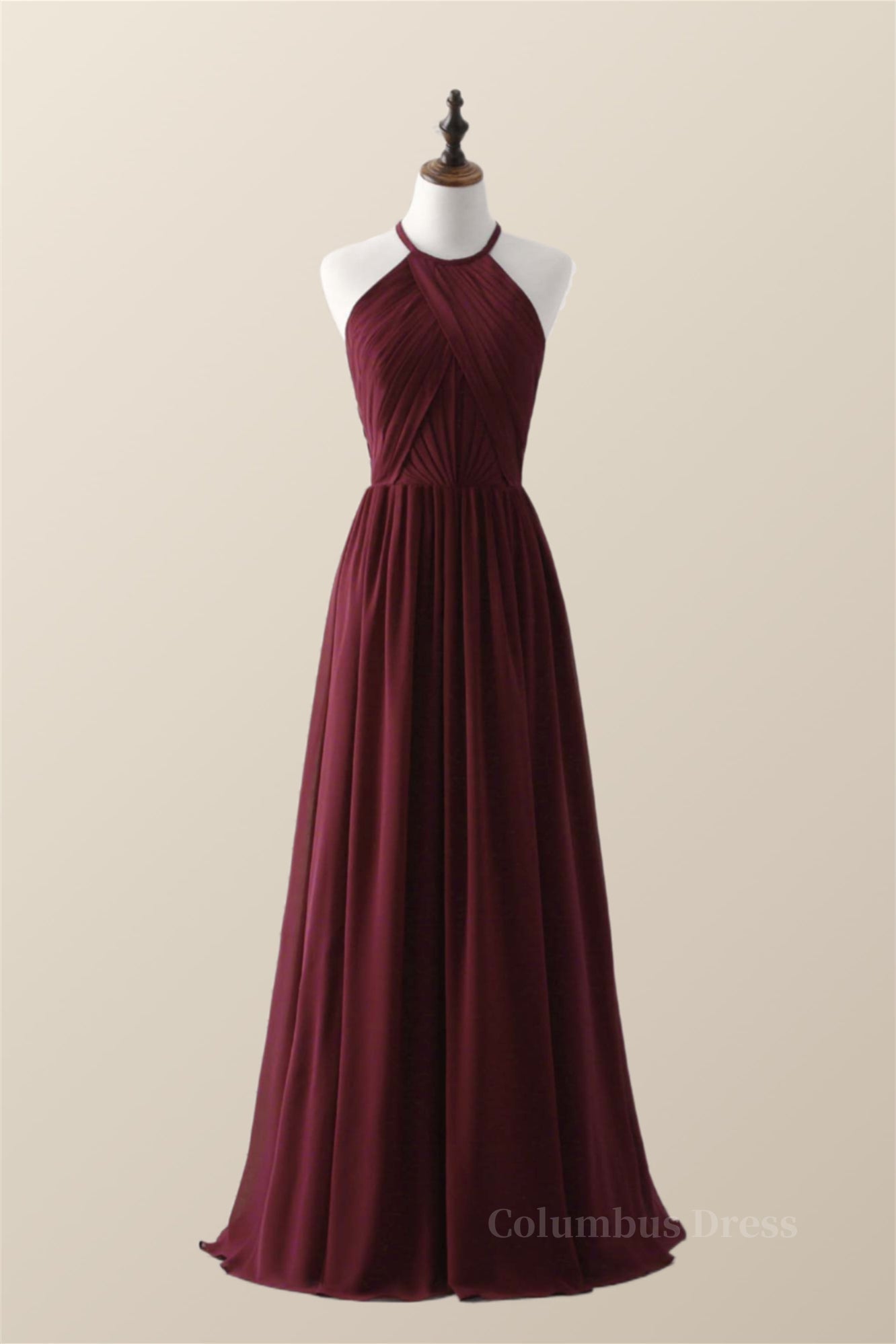 Prom Dresses For Girl, Halter Burgundy Pleated Long Bridesmaid Dress