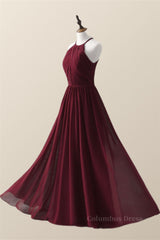 Prom Dress Stores, Halter Burgundy Pleated Long Bridesmaid Dress