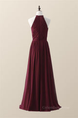 Prom Dresses Stores, Halter Burgundy Pleated Long Bridesmaid Dress