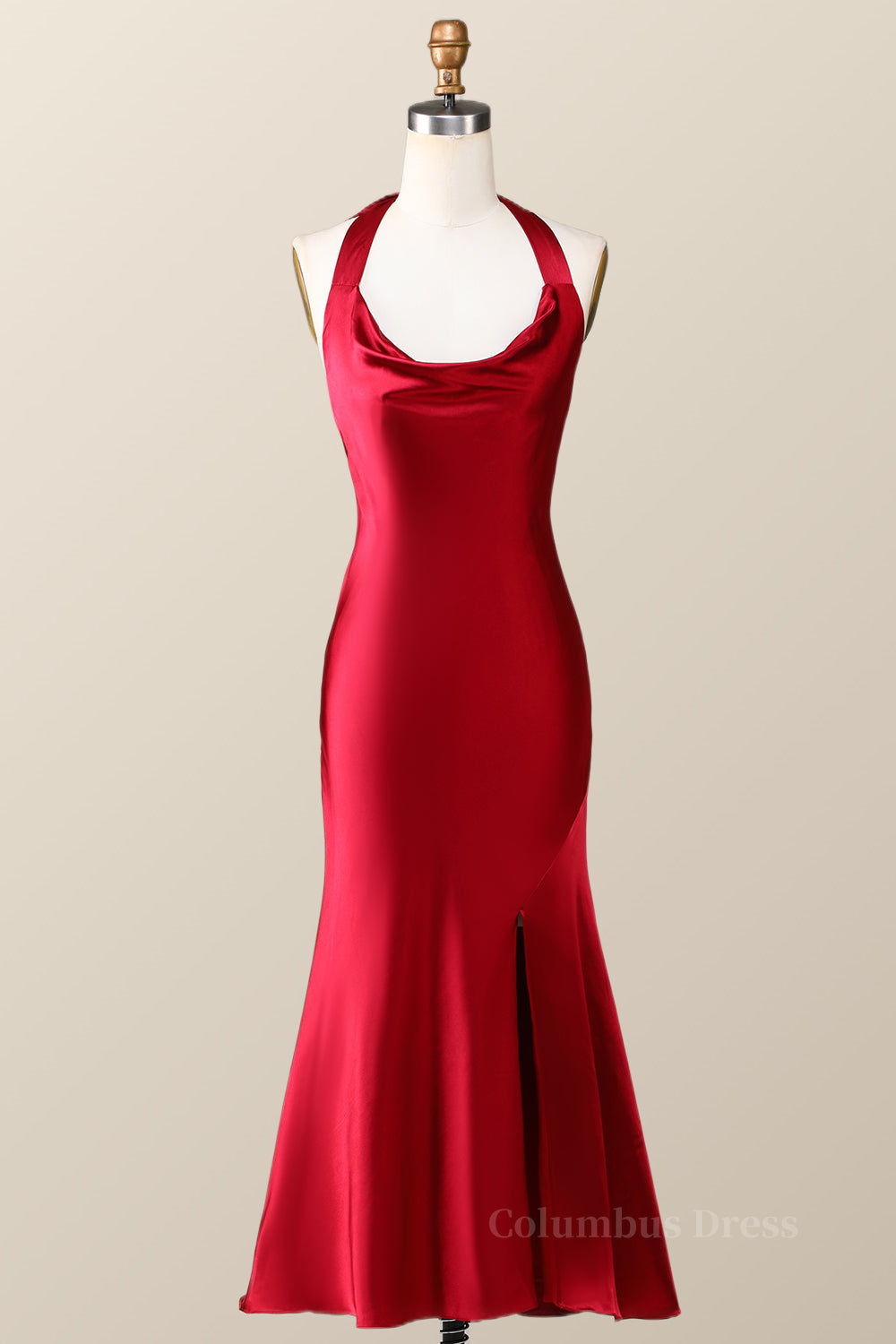 Royal Dress, Halter Cowl Neck Red Sheath Midi Dress