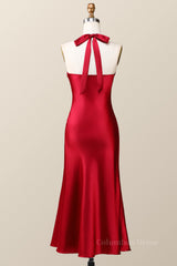 On Piece Dress, Halter Cowl Neck Red Sheath Midi Dress