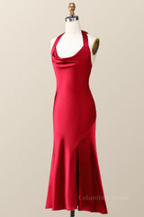 Formal Dresses Long, Halter Cowl Neck Red Sheath Midi Dress