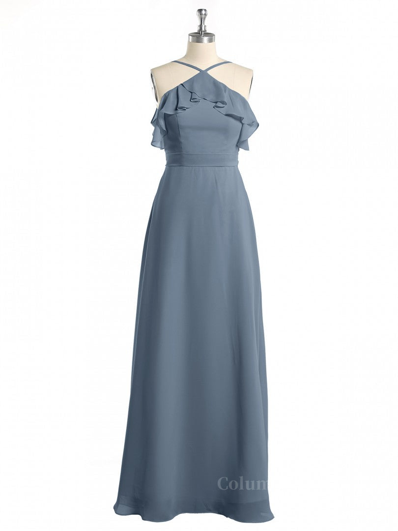 Prom Dress 2027, Halter Dusty Blue Ruffles Chiffon Long Bridesmaid Dress