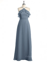 Prom Dress 2027, Halter Dusty Blue Ruffles Chiffon Long Bridesmaid Dress