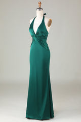 Homecomming Dresses Vintage, Halter Emerald Green Ruched Mermaid Bridesmaid Dress
