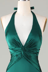 Homecomming Dress Vintage, Halter Emerald Green Ruched Mermaid Bridesmaid Dress