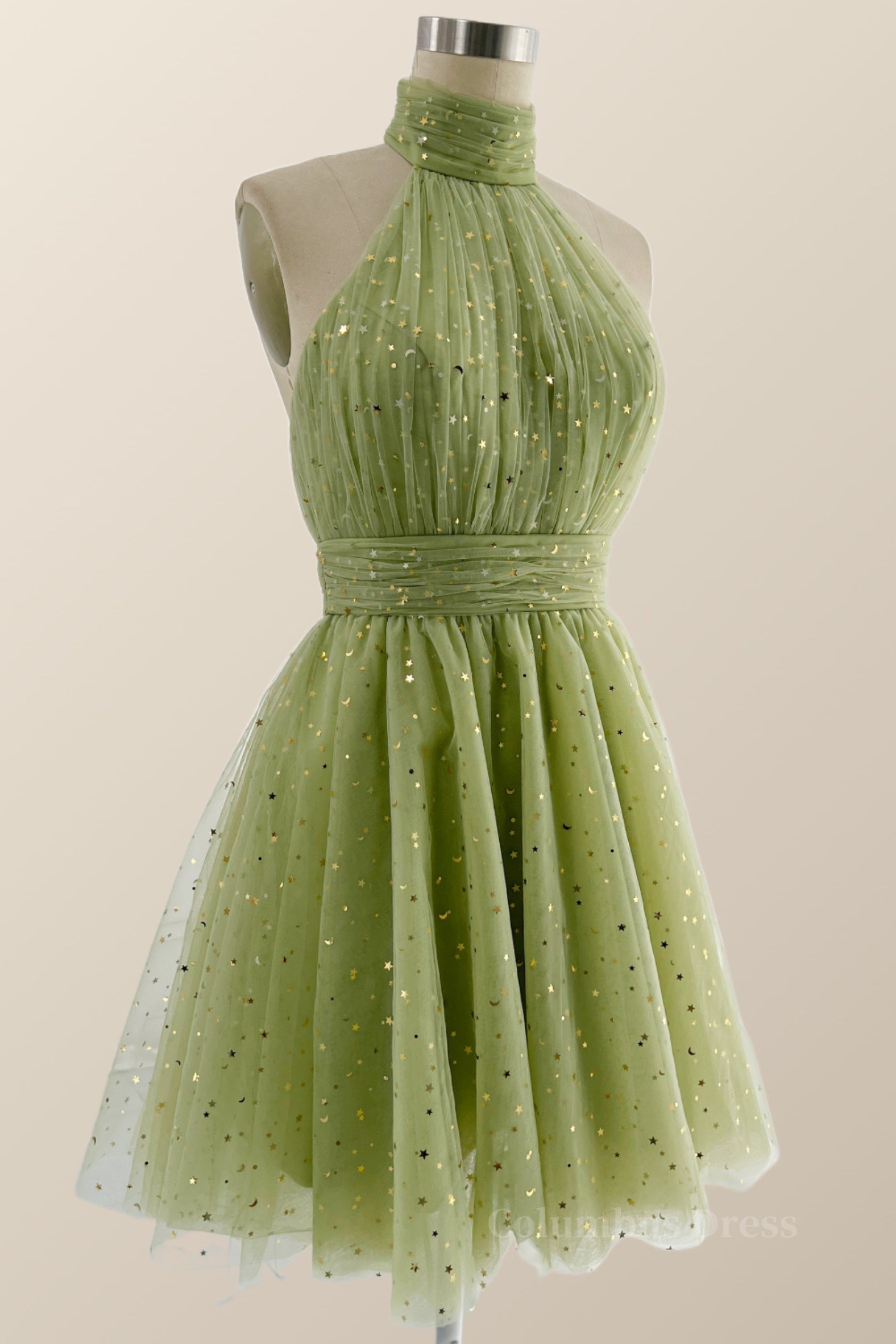 Prom Look, Halter High Neck Moss Green Stars Princess Dresss