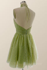 Semi Formal Outfit, Halter High Neck Moss Green Stars Princess Dresss