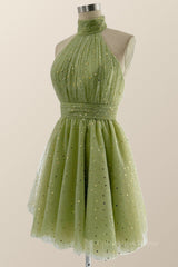 Boho Dress, Halter High Neck Moss Green Stars Princess Dresss