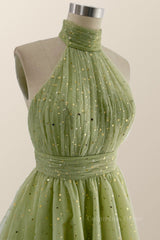 Formal, Halter High Neck Moss Green Stars Princess Dresss