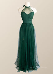 Formal Dress With Sleeve, Halter Hunter Green Tulle Long Formal Dress