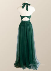 Formal Dresses With Sleeve, Halter Hunter Green Tulle Long Formal Dress