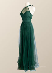 Formal Dress With Sleeves, Halter Hunter Green Tulle Long Formal Dress