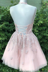 Bridesmaids Dresses Mismatched Fall, Halter Lace-Up Back Short Pink Lace Homecoming Dress Cocktail