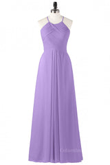 Bridesmaid Dress With Sleeves, Halter Lavender Pleated Chiffon Long Bridesmaid Dress