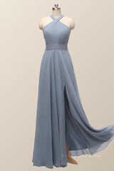 Dress Short, Halter Misty Blue Chiffon A-line Long Bridesmaid Dress