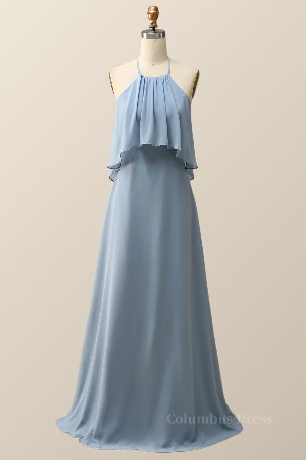 Prom Dresses For Teens, Halter Misty Blue Ruffle Chiffon Long Bridesmaid Dress
