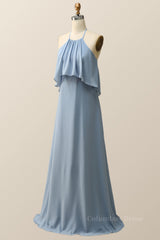 Prom Dresses 2027, Halter Misty Blue Ruffle Chiffon Long Bridesmaid Dress