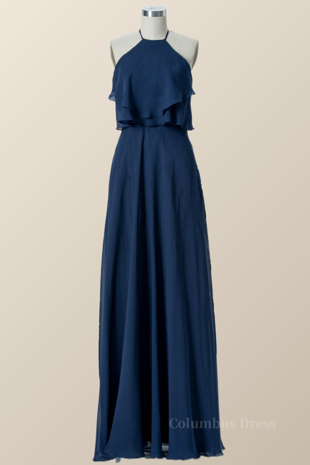 Prom Dress With Tulle, Halter Navy Blue Chiffon Long Bridesmaid Dress