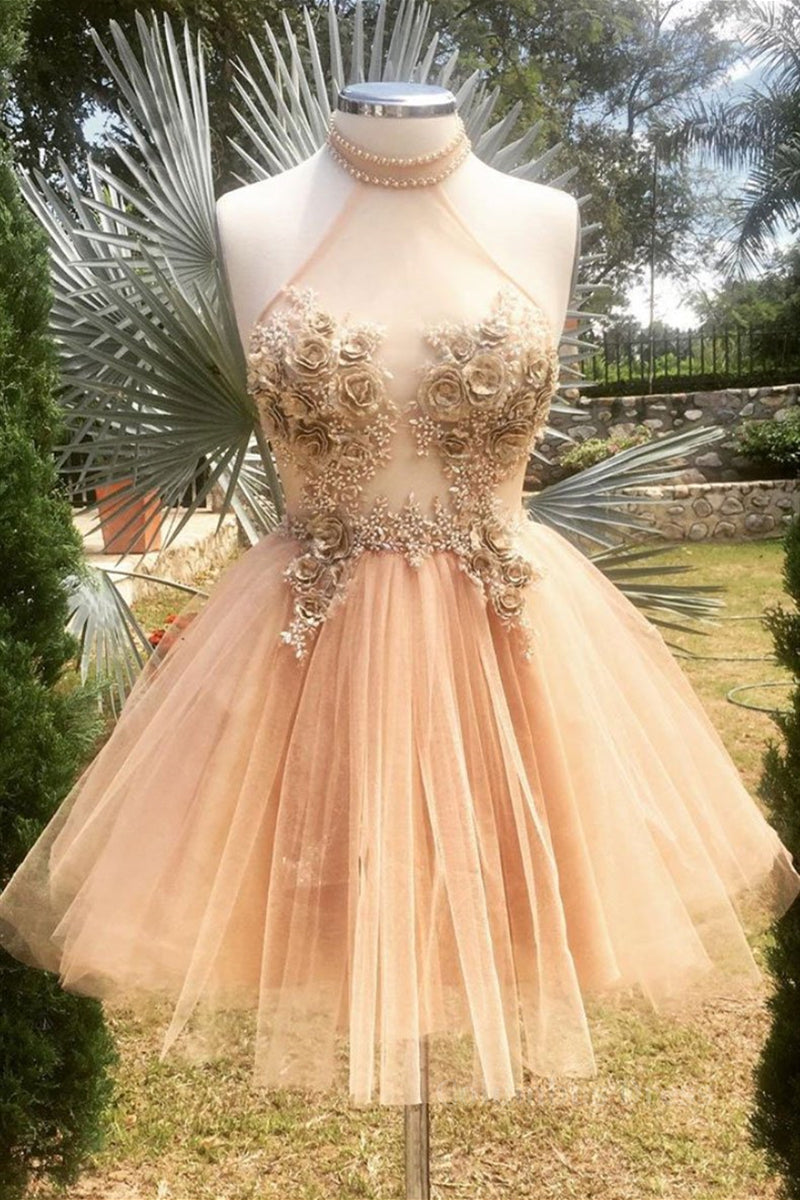 Pink Formal Dress, Halter Neck Backless Champagne 3D Floral Short Prom Dress, Backless Champagne Formal Graduation Homecoming Dress
