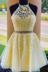 Yellow Dress, Halter Neck Backless Short Yellow Lace Prom Dress, Yellow Lace Formal Graduation Homecoming Dress