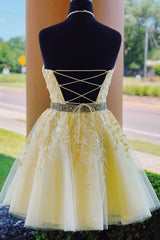 Black Tie Wedding Guest Dress, Halter Neck Backless Short Yellow Lace Prom Dress, Yellow Lace Formal Graduation Homecoming Dress